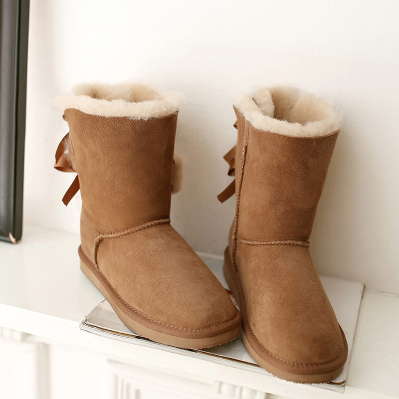 2017 Hot sell High Quality fashion women winter snow boots with leather fur and bow-knot Half height cheap big size warm lady shoes EU 35-45