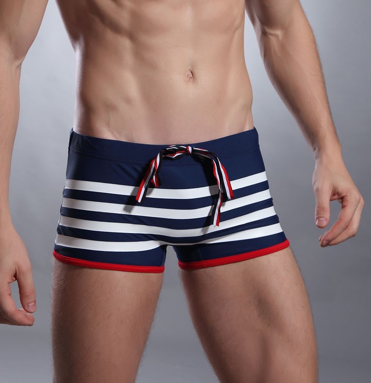 

New Arrival Men's Swimming Boxer Trunks Gay Striped Beach Swimsuit Shorts Male Swimwear With Rope M L XL XXL XXXL, Navy blue