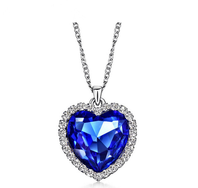 

Wholesale-Classic Zircon Titanic Ocean Heart Necklace Sapphire Dark Blue Crystal Heart Pendant Statement Chain Necklace Woman Jewelry N54