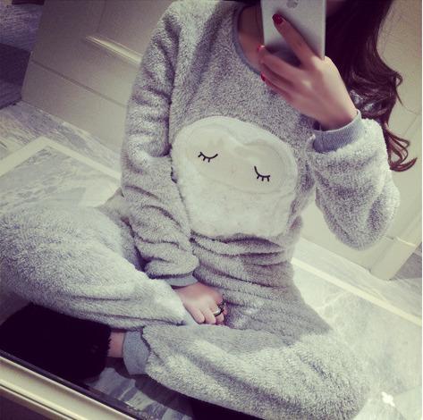 

Wholesale- Women Pajama coral fleece pajamas women plus sizes thickening sheep leisure wear suit paragraph warm flannel pijamas mujer, Gray