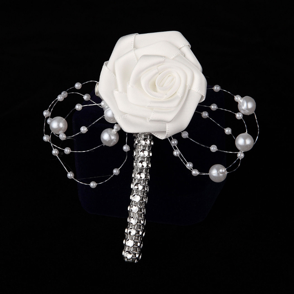 Gros-1PC HandMade Groom Boutonnière Ruban Blanc Rose Bouquet De Mariage Fleur Groomsmen Corsages Party Prom Homme Costume Accessoires