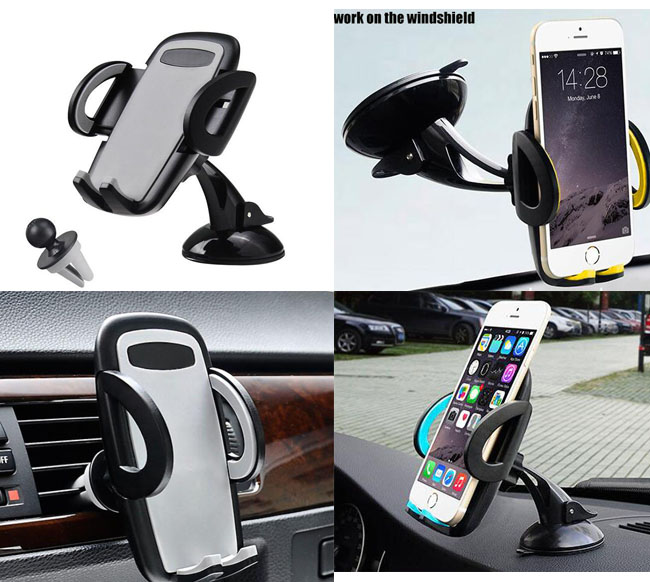 

2 in 1 Car Air Vent Dashboard Windshield Phone Mount Holder Universal Smartphones Cradle 360 Rotation Compatible with iPhone SamSung HTC, Gray