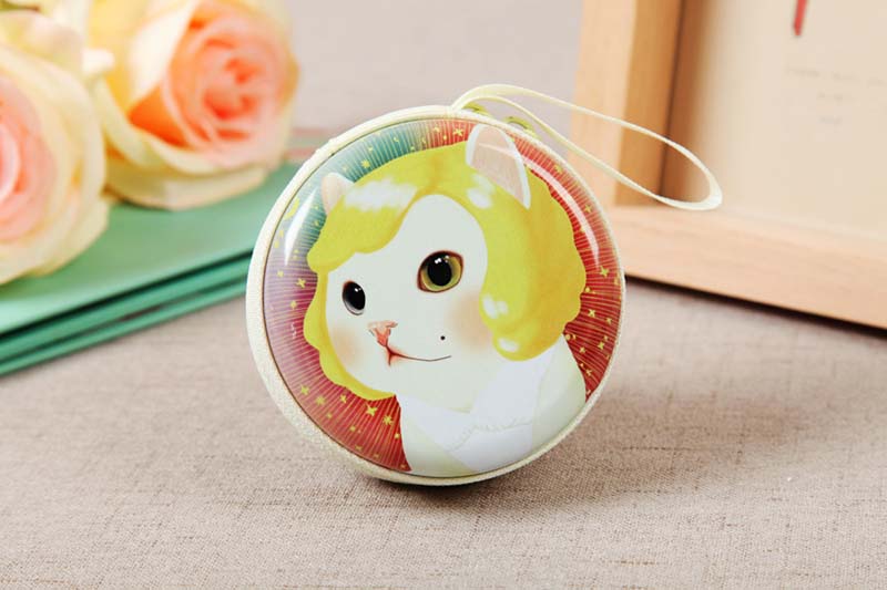 

100pcs Cute Creative Cartoon Cat printing Iron Round Shaped Coin Purses mix color coin case