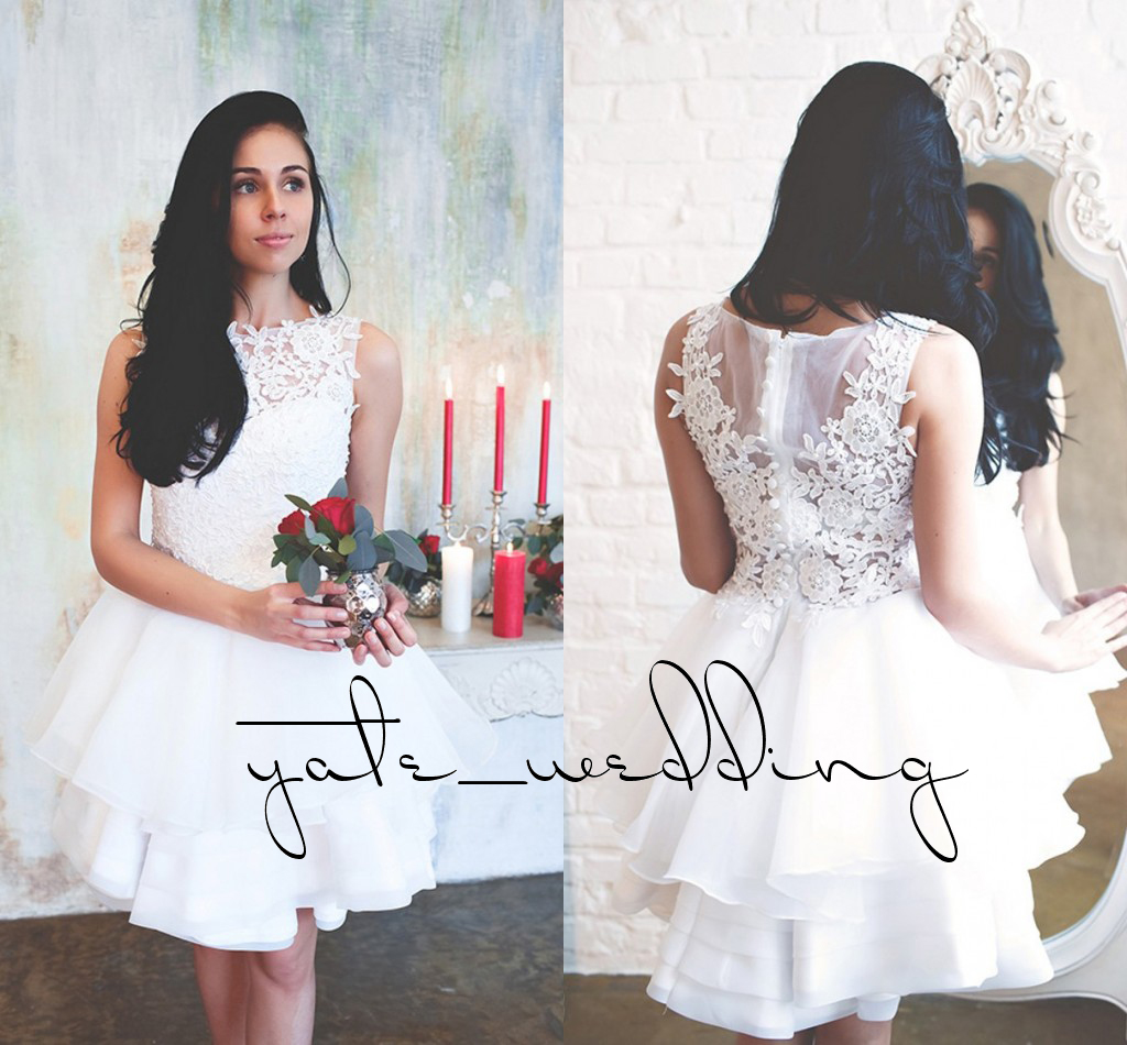 

Cute Short Wedding Dresses Bateau Neck Sleeveless Floral Appliques Tiered Organza Beach Wedding Dresses Summer Short Bridal Dresses, Ivory
