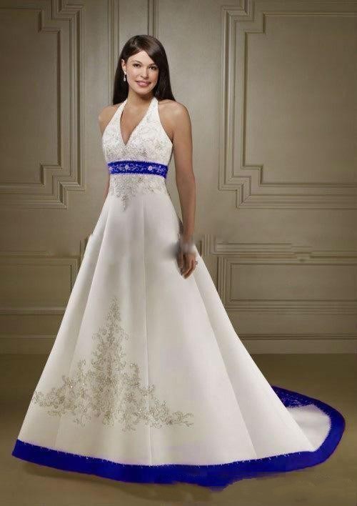 

2019 Vintage White And Royal Blue Satin Beach Wedding Dresses Strapless Embroidery Chapel Train Corset Custom Made Bridal Wedding Gowns, Gold