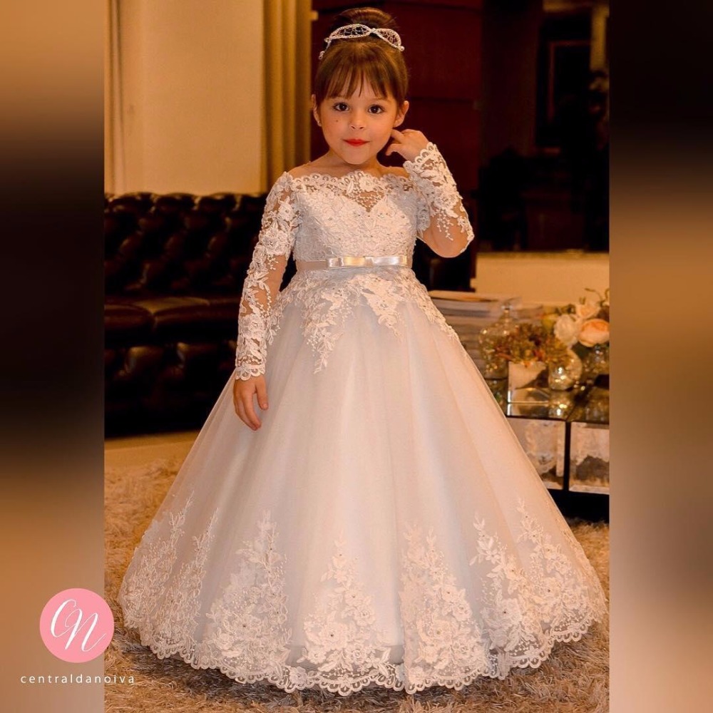 

Bateau Long Sleeves Bow Ball Gown Lace Appliques Beautiful Wedding Gown Flower Girl Dress, Grape