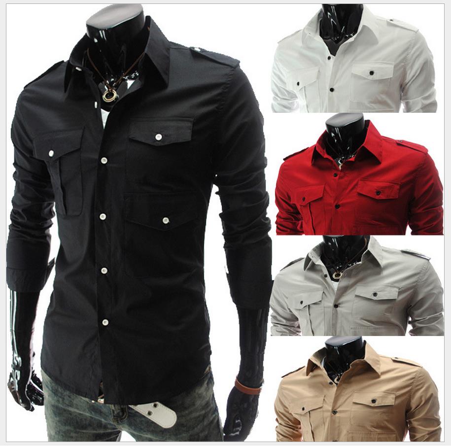 more pockets shirt men fashion pure color design turn down collar long sleeve single breasted mens casual shirts free