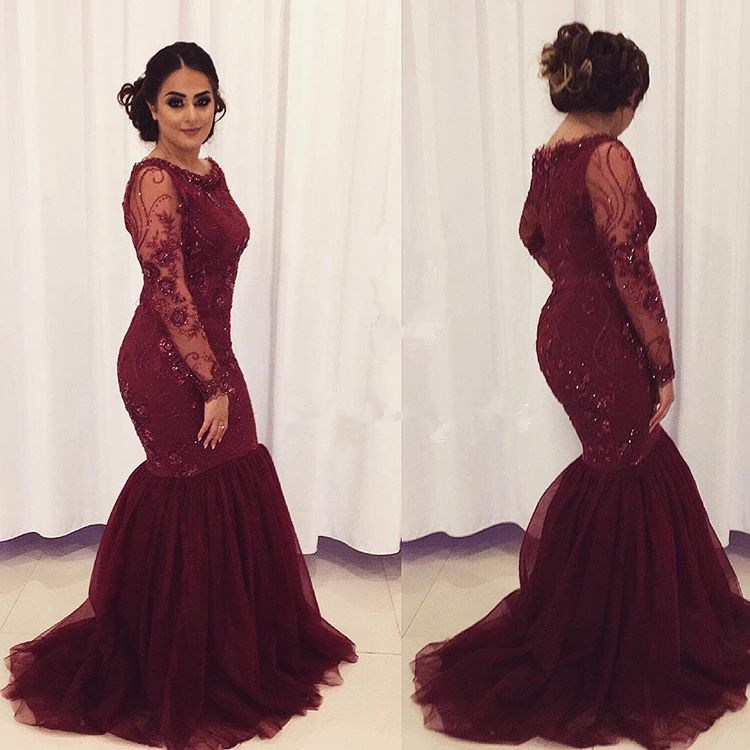 

2021 Elegant Plus Size Mermaid Formal Mother Of The Bride Dresses Burgundy Long Sleeve 3D-Floral Appliques Evening Dress Wedding Guest Gowns