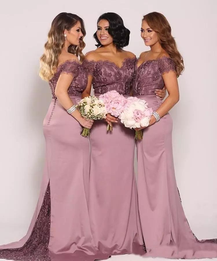 2020 New Sexy Mermaid Bridesmaid Dresses Off Shoulder Lace Appliques Beaded Pearls Satin Plus Size Long Maid Of Honor Wedding Guest Dresses