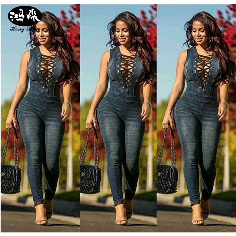 

Wholesale- 2017 Women Denim Jumpsuit Ladies Club Night Wear Playsuit Rompers Sexy Sleeveless Slim Bodysuit Femme Blue Women' Jumpsuits, As picture-1