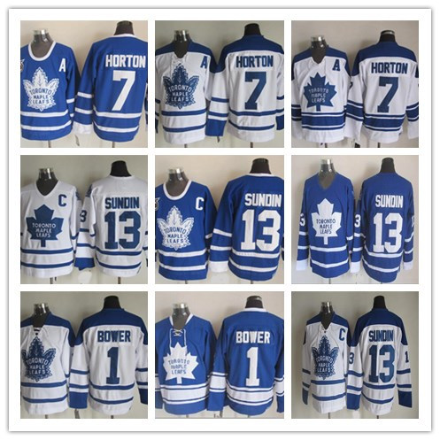 

Cheap Toronto Maple Leafs Men 1 Johnny Bower 7 Tim Horton 13 Mats Sundin 1967 Retro Vintage Ice Hockey Jerseys Blue White, Yellow