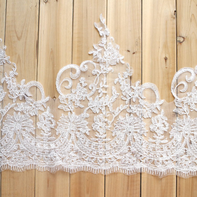 

Sale by Yard 40 cm Wide white French bridal veil embroidery Lace Trim Wedding dress Lace party decoration with PVC Sequins