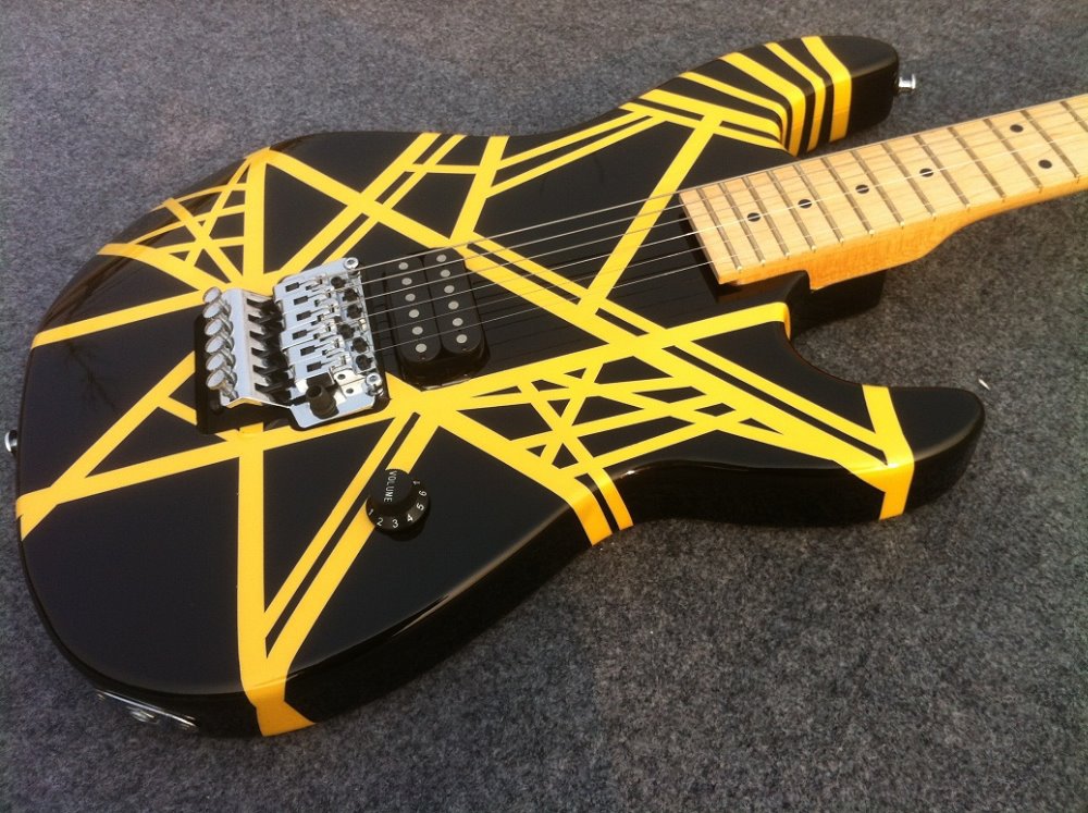 

Edward Van Halen Wolf Music Man Ernie Ball Axis Yellow Stripe Black Electric Guitar Tremolo Bridge Maple Neck Abalone Dot Fingerbaord Inlay