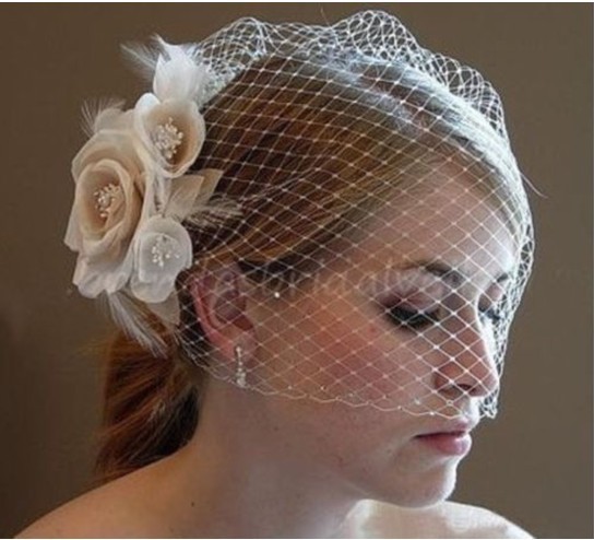 

Wedding Birdcage Veils 51cm - 80cm Champagne Ivory White Flowers Feather Birdcage Veil Bridal hat Hair Pieces Bridal Accessories