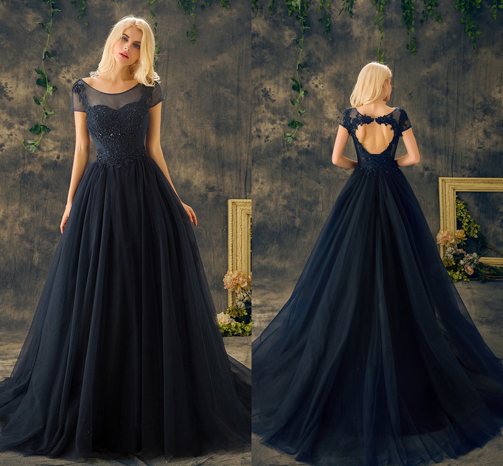 New Navy Blue Real Prom Dresses Scoop Neck Short Sleeve A Line Appliques Lace Beaded Sexy Heart Back Formal Evening Dresses/Mother Dress