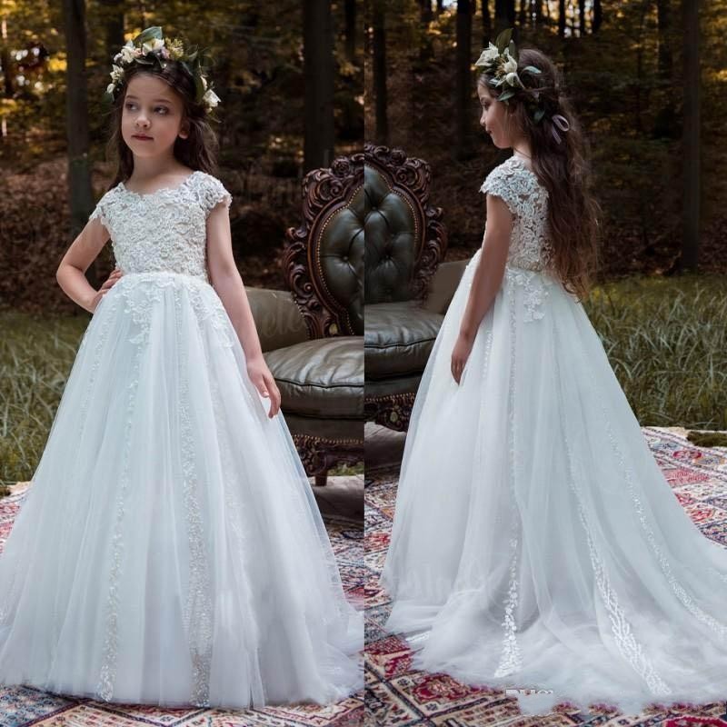 

2019 lace A Line Cap Sleeves Flower Girl Dresses For Country Garden Weddings Princess Crew Neck with Appliques Long Girls Formal dress, Green