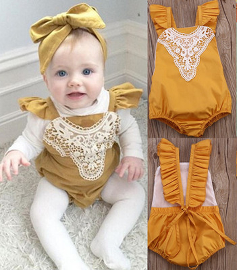

INS New Baby Jumpsuits Girls falbala fly sleeve lace romper kids cotton romper children one-piece baby kids clothing, As photo