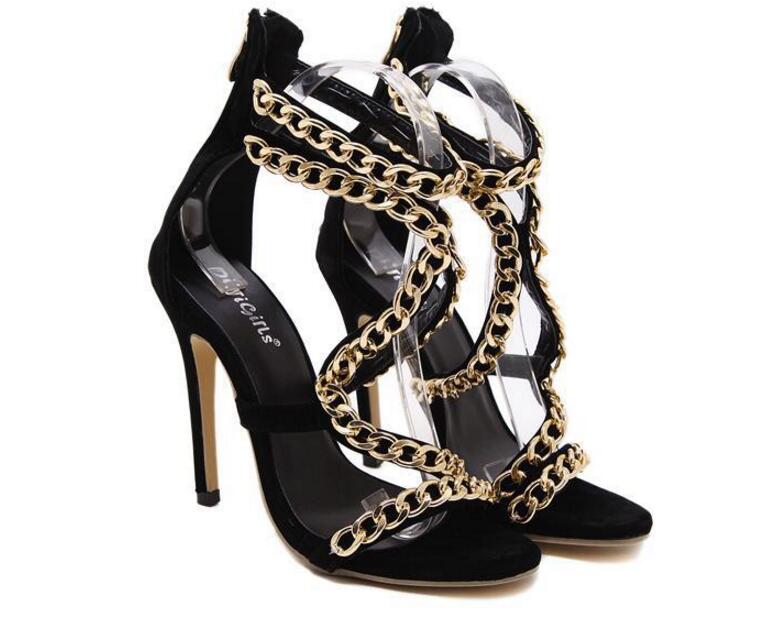 

2017 Summer Casual Style Catwalk shows omen metal chain Sandals Genuine Leather Flats Fashion Woman Shoes Black Size 35-40 heel Shoes Wom