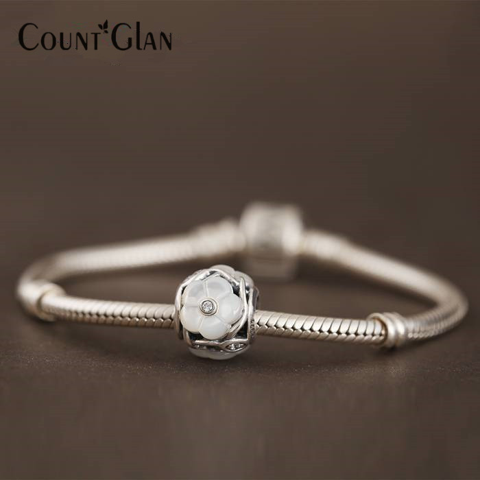 

fits european charms bracelets original 925-sterling-silver white mother of pearl floral flower crystal beads for jewelry making, Black