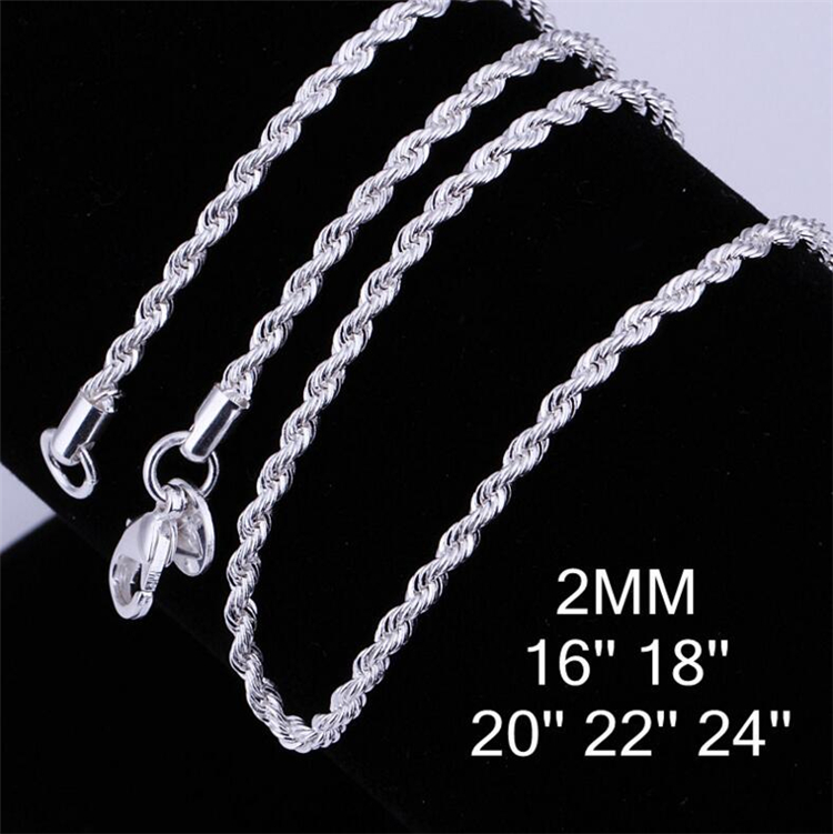 

Electroplate 925 silvering Men Women Twist ROPE Chain Necklaces 2MM 16inch/18inch/20inch/22inch/24inch C096