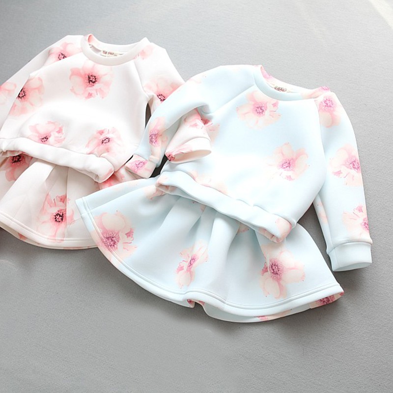 

Wholesale- Korean Autumn Kids Clothes Baby Girl Floral Long Sleeve T-shirt + Skirt Fashion Girls 2 Pcs Set Children Clothing, Sky blue