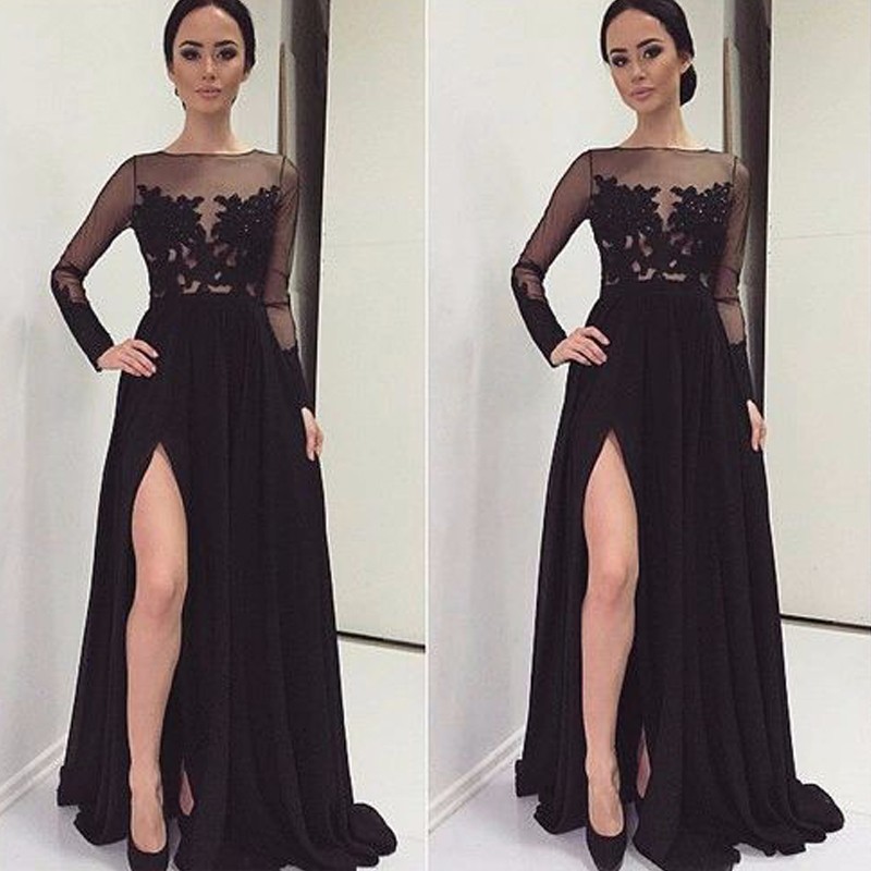 Vente chaude À Manches Longues Noir Robes De Soirée Sexy Nouvelle Dentelle En Mousseline De Soie Avant De Split Formelle Robes De Bal Transparent
