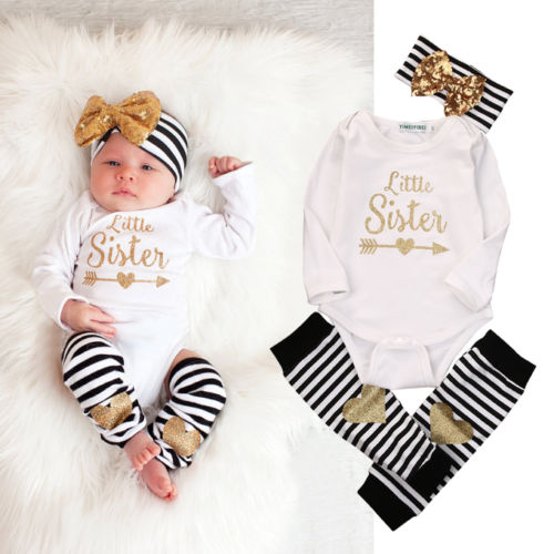 

Wholesale- 0-18M Newborn Baby Girls Clothes Little Sister Long Sleeve Bodysuit Romper Striped Leg Warmer Bow Hairband 3pcs Kids Clothing, White