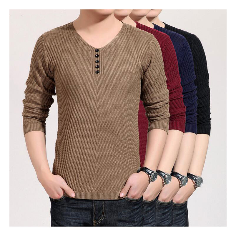 Wholesale- Solid Color Pullover Men V Neck Sweater Men Long Sleeve Shirt Mens Sweaters Wool Casual Shirt Brand Cashmere Knitwear Pull Homme