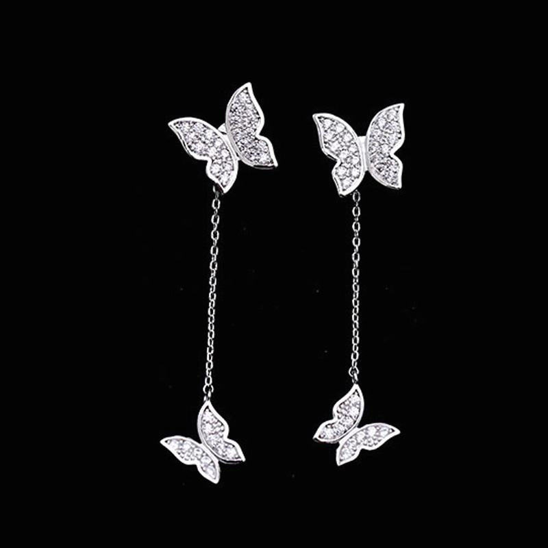 

Cute Butterfly Dangle Stud Earrings for Women Zirconia Crystal Prong Setting Front and Back Post Earrings Long Tassel 925 Silver Wedding Jewelry Gift