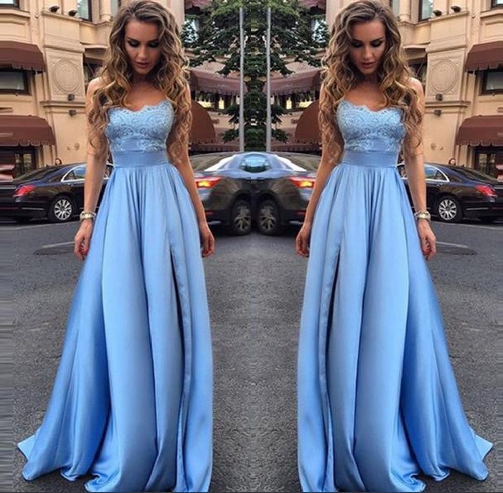 sky blue silk dress