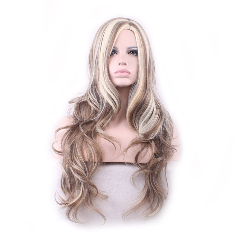 

WoodFestival blonde long wavy wig brown ombre fashion women synthetic hair wigs heat fiber lolita 70 cm, Mix color