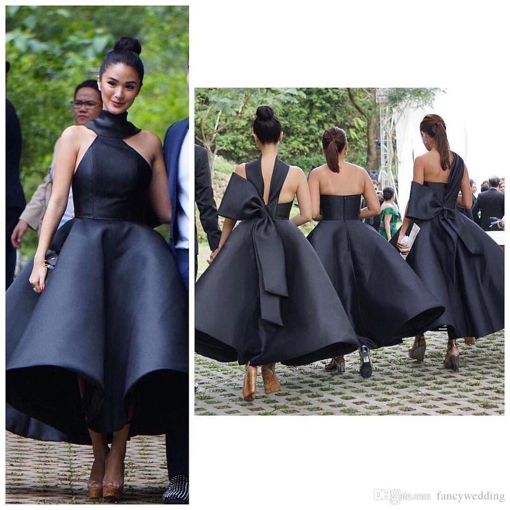 

Black Elegant 2019 Arabic Bridesmaid Dresses Halter Ball Gown Satin Maid Of Honor Dresses Ankle Length Formal Party Gowns