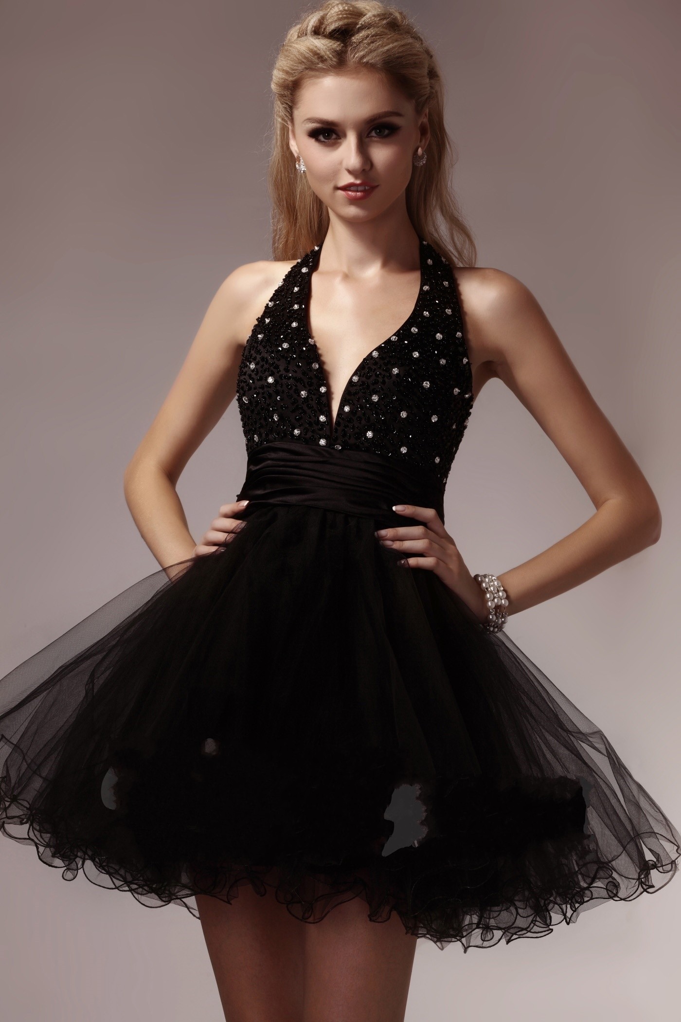 

black cocktail dress A-line short tulle sequin beading sexy backless halter prom evening gown sleeveless mordest homcoimg dress, Ivory