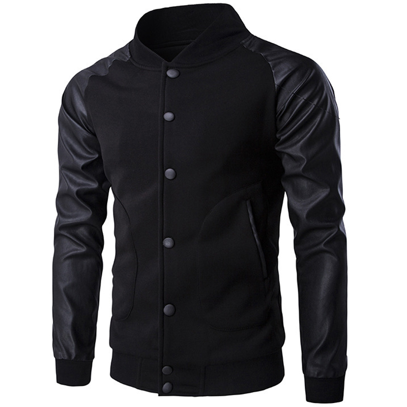 

Wholesale- New Trend Black Varsity Jacket Men/Boy Bombers Veste Homme 2016 Fashion Pu Leather Sleeve Slim College Baseball Jacket For Fall, B3159 gray
