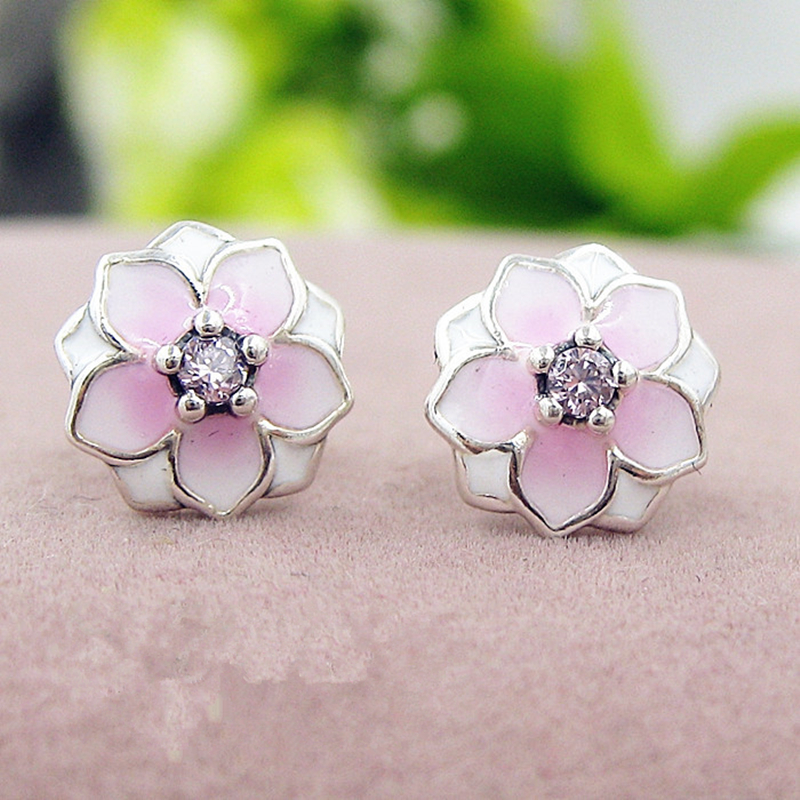 

2017 Spring 925 Sterling Silver Magnolia Stud Earrings with Pink Enamel and Cz Fits European Pandora Charms Jewelry, Golden;silver