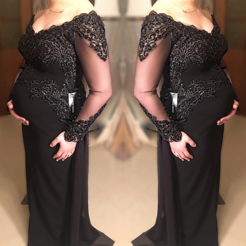 

Black Evening Gowns For Pregnant Women Bead Prom Dress With Long Sleeves Sheer Lace Maternity Vestidos For Fall, Light purple
