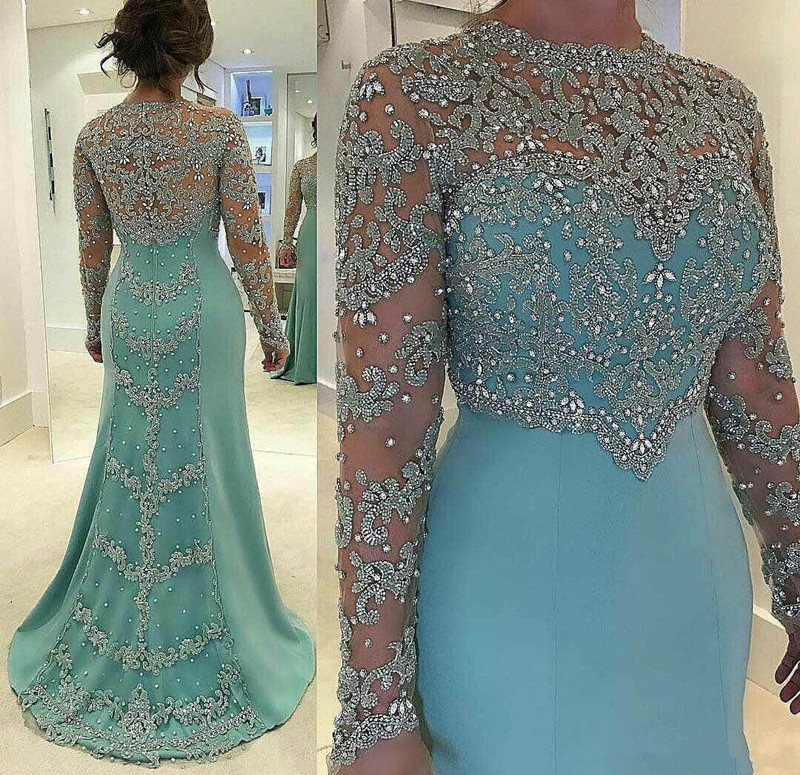

Shiny Mermaid Prom Dresses Long Sheath Sheer Formal Dress With Sleeves Beaded Crystal Gowns Evening Wear, Hunter