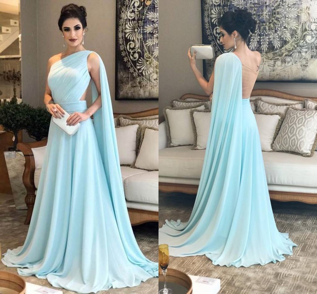 

One Shoulder Mint Blue Chiffon Formal Evening Dresses Pleats A-Line Sheer Illusion Back Evening Gowns African Prom Dresses, Brown