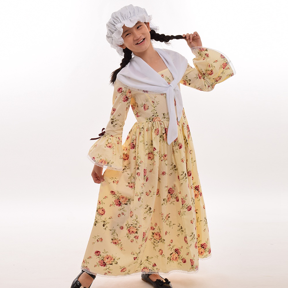 

Civil War Dress Girl Kids Colonial Costume Child Girls Victorian Pioneer Puritan Dresses White Hat Mini Cape Reenactment Outfit, Yellow