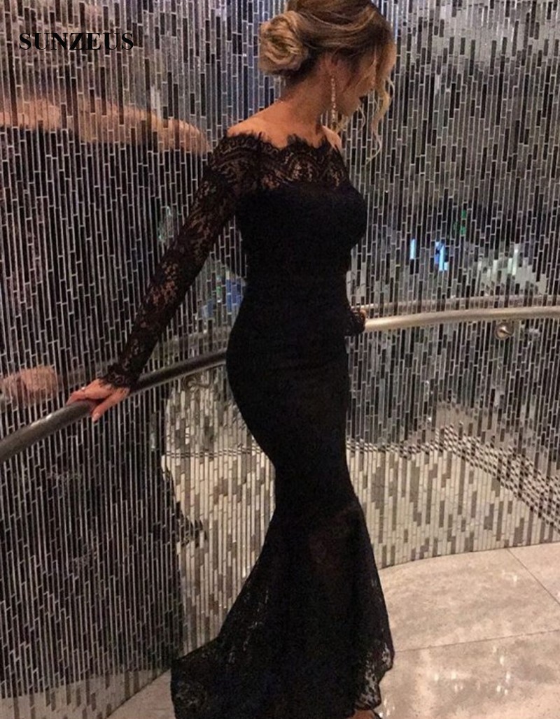 

Mermaid Lace Evening Dresses Long Sleeves Black Party Gowns Ankle Length Long Formal Wear Off Shoulder, White