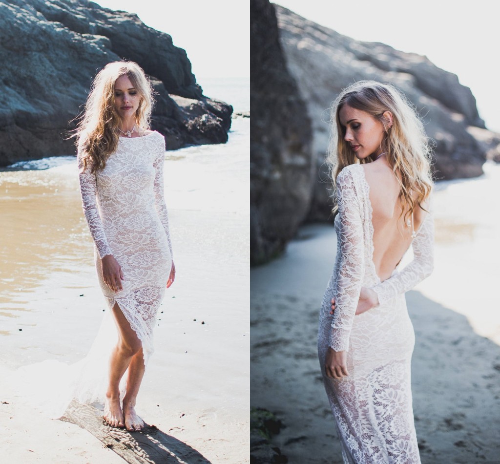 

Summer Lace Wedding Dresses Long Sleeves Beach Wedding Dresses Split Side Backless Boho Bridal Dresses Cheap Bridal Gowns, All ivory