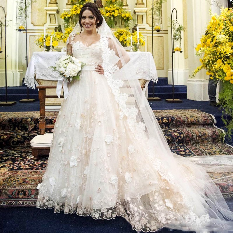 

Ivory Lace 3D-Floral Appliques Wedding Dresses A Line Garden Bridal Gowns Custom Made Sleeveless Sweep Train Wedding Dress Vestidos, Same as image