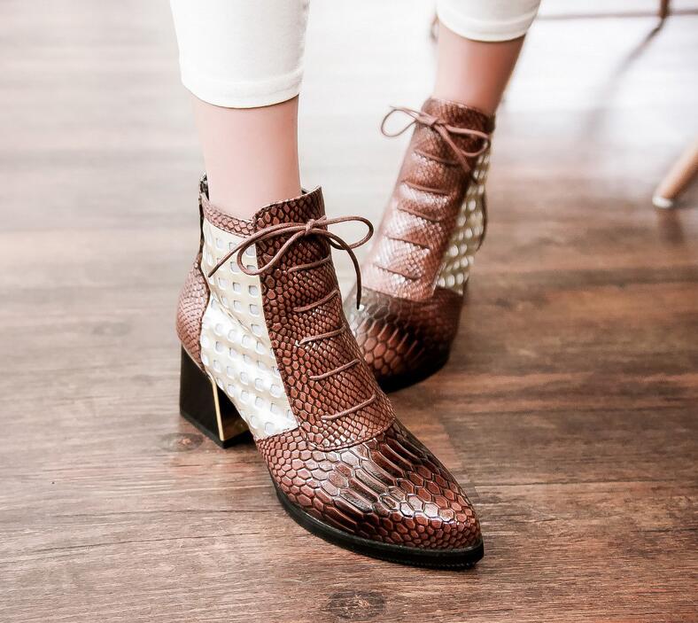 

Fashion Pointed toe Snake Print Cross tie Ankle Boot Hoof High Heels Short Boots Autumn Boots Shoes Summer Woman Shoe, A2
