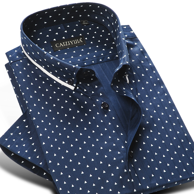 Men's Dress Shirts Wholesale- CAIZIYIJIA Summer 2022 Cotton Mini-polka Dot Pattern Shirt Short Sleeve Soft Button-down Casual Slim-fit