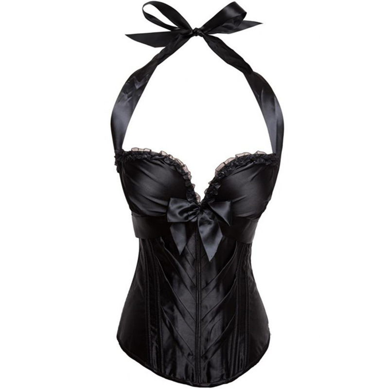 

Side Zipper Satin Halterneck Push Up Overbust Bustier Ribbon Front Padded Corsets Women's Bridal Dancing Corset Top 6 Colors Light Weight, White