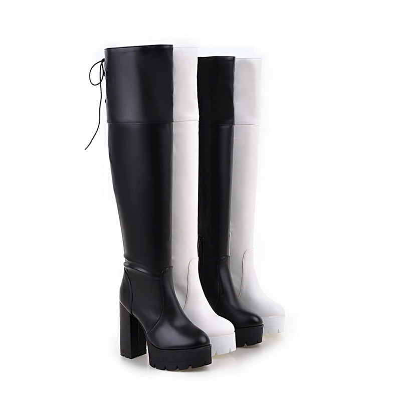 2017 vente chaude nouvelle arrivée femmes bottes mode noir blanc dames bottes simple fermeture éclair sur le genou bottes grande taille 34-43