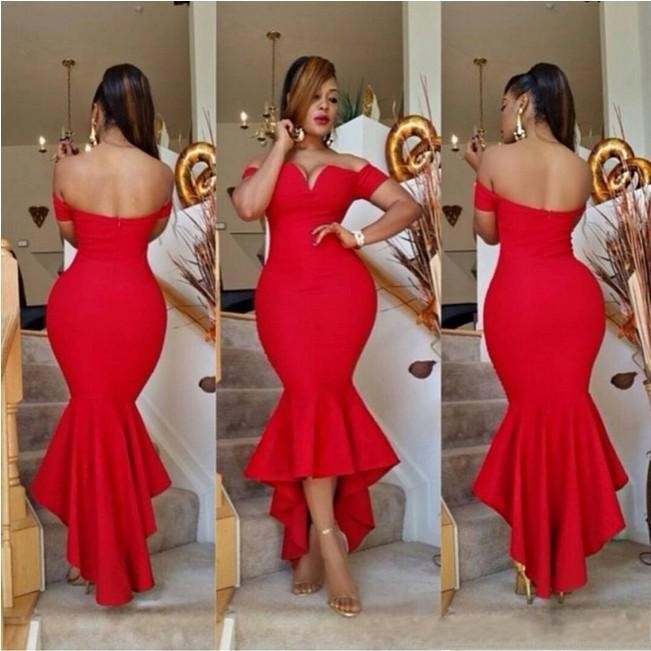 

2019 Dubai Red Mermaid Cocktail Dresses Sexy Off Shoulder Hi-Lo Prom Party Dresses Cheap African Arabic Women Plus Size Gowns DTJ, Yellow