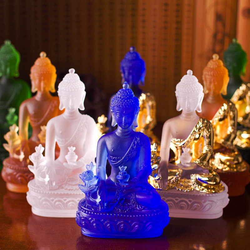 Buddha statue pharmacists lapis lazuli light 4 colours blue green white amber glaze gold medicine guru Buddha Buddhism statue in the country-image-374952304