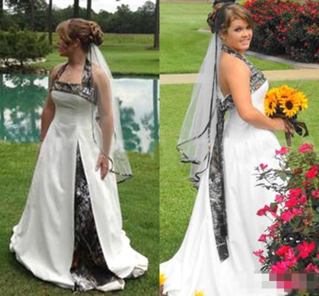2019 Country Style Camo Wedding Dresses Halter A Line Sweep Train Camouflage Plus Size Bridal Gowns Custom Made