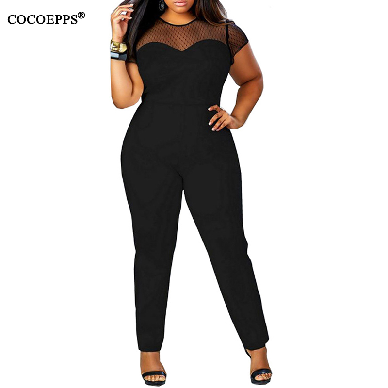 

Wholesale- 2017 4XL Plus Size Sexy Bodycon Jumpsuits Clothing Women Short Sleeve Casual Mesh Patchwork Women's Vintage Overalls Playsuits, White